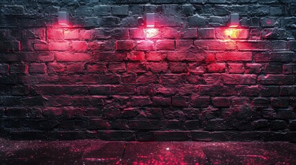 Gritty black brick wall with intense red neon lights casting a reflective glow on the wet surface, for a deeply atmospheric urban feel. - obrazy, fototapety, plakaty