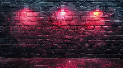 Poster Gritty black brick wall with intense red neon lights casting a reflective glow on the wet surface, for a deeply atmospheric urban feel. © AlexTroi