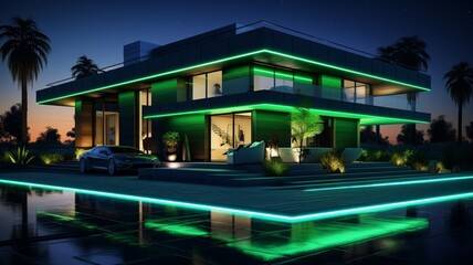 Green neon luxury house exterior villa night view picture