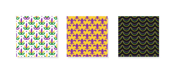 Three carnival or masquerade backgrounds. Mardi Gras seamless patterns.   Vector template.