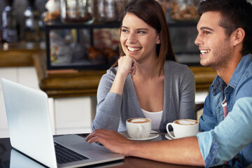 Laptop, smile and relax couple on coffee shop date, lunch break or working on online social media...