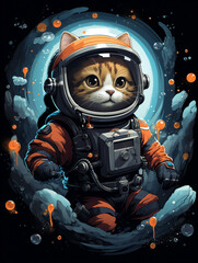T-shirt design, playful astronaut cat, floating in zero gravity, fish-shaped stars, whimsical, cute and quirky, bright oranges and blues created with Generative Ai