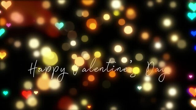 Happy Valentine's Day with hearts on Colored lights background