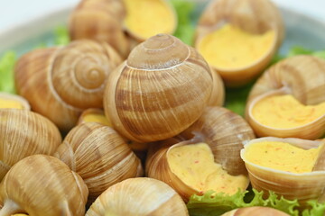 Delicatessen food - Bourgogne Escargot Snails with garlic butter in a pan., white background. Top view