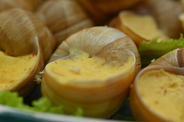 Delicatessen food - Bourgogne Escargot Snails with garlic butter in a pan., white background. Top view