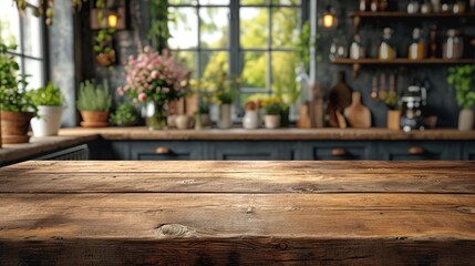 
Rustic wooden table in a bright kitchen with blurred greenery on the windowsill and warm, ambient light creating a serene space.