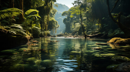 River In Jungle Surrounded By Rocks - obrazy, fototapety, plakaty