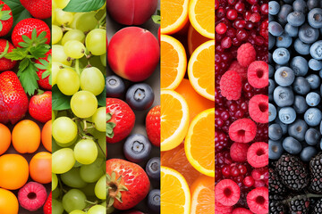 fruits and vegetables. Collection of fruits and vegetables fruit collage background with berries and grapes. Variety of fruit arranged in squares. Assorted berries products collage divided by vertical