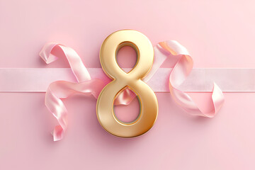 Golden number 8 on a pink background, greeting card for International Women's Day.