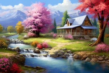 Beautiful countryside view: cozy house, colorful blossoms, flowing stream in sunny weather. Generative AI - obrazy, fototapety, plakaty