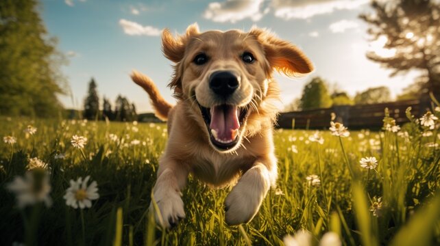 Happy dog running outside flowers garden image