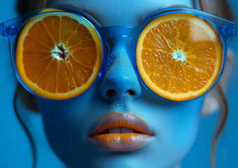 Creative art stylish trendy photo of female person with total painted blue face and halves of...
