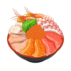Japanese kaisen don menu illustration vector. Kaisen donburi (Seafood rice bowl) Japanese kaisendon with salmon, tuna, saba, tako squid, caviar, tamagoyaki, Scallops and shrimp (Prawn) Sashimi seafood
