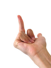 hand signs on a white background, making a swearing gesture with the middle finger open,