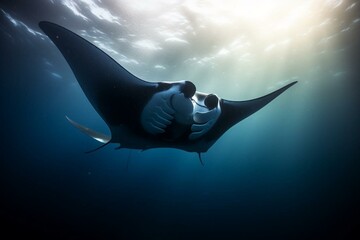a majestic manta ray moving elegantly in the sea. Generative AI - obrazy, fototapety, plakaty