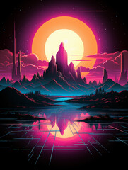 T-shirt design, retro futuristic skyline, neon lights, 1980s synthwave vibes, bold magenta and cyan, laser grid landscape created with Generative Ai