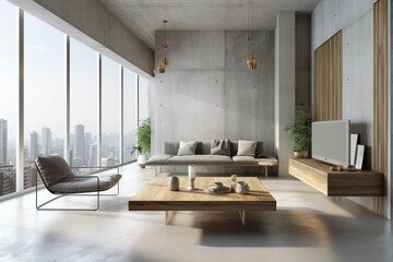 Modern, open, concrete and wooden living room with furniture, window and cityscape. Luxurious lifestyle. 3D rendering. Generative AI - obrazy, fototapety, plakaty
