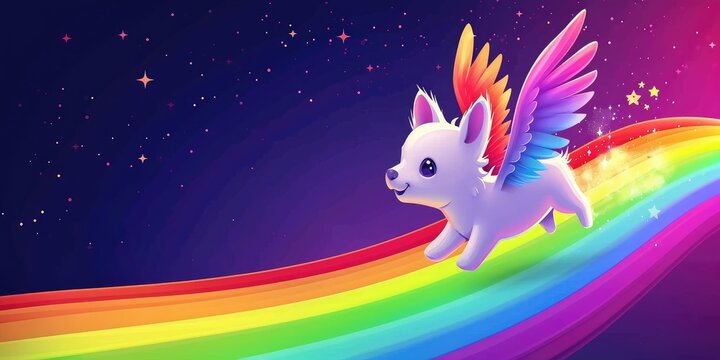 A cute puppy with angel wings runs along the rainbow. The concept of rest in peace. Fantasy animal illustration.