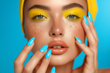 Beautiful laughing brunette model girl. Blue yellow color lips and nails manicure . Fashion , beauty and make up portrait Beautiful girl showing yellow blue manicure nails . makeup and cosmetics. Stud