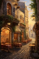 Cozy European café street scene illuminated at sunset