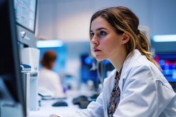 Focused Female Scientist Analyzing Data on Computer in Laboratory
