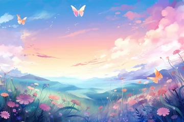 Foto op Plexiglas Lichtroze Sunny meadow with vibrant flowers and butterflies under blue sky