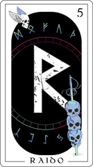 Viking tarot card with runic alphabet. runic letter called Raido together with skulls pierced by a sword.