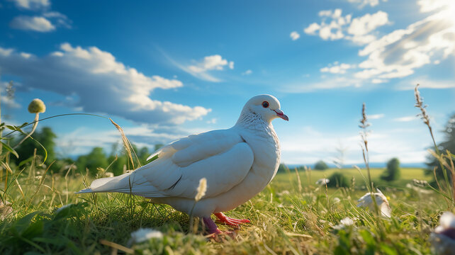 A white pigeon is sitting on the grass under ai generative image