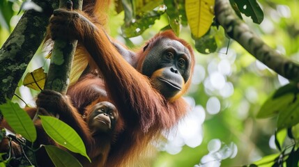 Orangutan Mother with Baby in Rainforest Canopy
