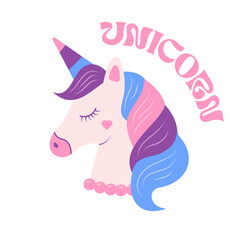 Cute fantasy unicorn, fairy tale for baby. Kawaii beautiful unicorn head with horn. Vector illustration