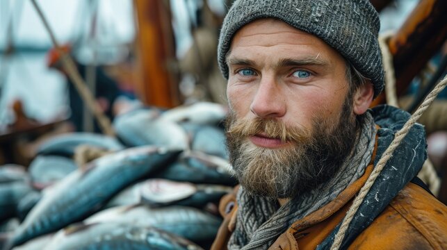  A Man With A Beard Standing In Front Of A Pile Of Blue And White Fish On A Boat With A Rope Around His Neck And Wearing A Knitted Hat.