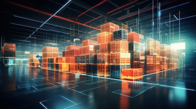 Futuristic warehouse illuminated by blue lights with holographic storage boxes.