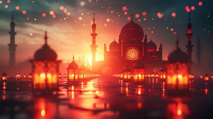 3D illustration of Ramadan Kareem's background with mosque and lanterns - obrazy, fototapety, plakaty