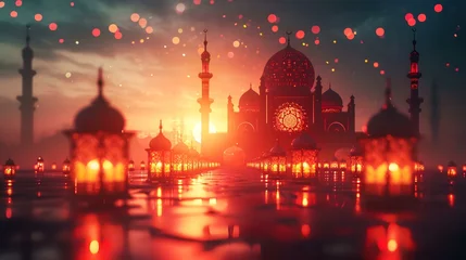 Fotobehang 3D illustration of Ramadan Kareem's background with mosque and lanterns © shameem