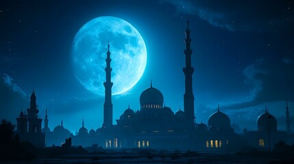 Beautiful mosque at night with full moon. Ramadan Kareem background - obrazy, fototapety, plakaty