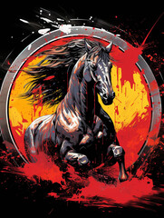 T-shirt design, circle, t-shirt print design, graffiti art of cartoon shiny black stallion, elaborate acrylic spray paint created with Generative Ai
