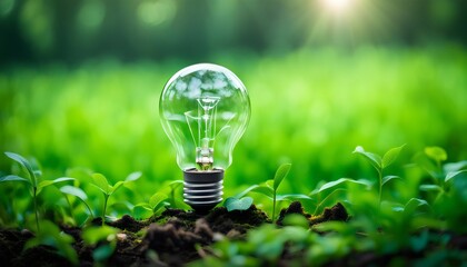Light bulb in nature - save the environment, save the ecology concept. Renewable or sustainable energy source and save the environment from global warming concept