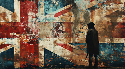 Poverty in the United Kingdom showing a homeless underprivileged teenage youth in England with a distressed Union Jack flag in the background, stock illustration image  - obrazy, fototapety, plakaty