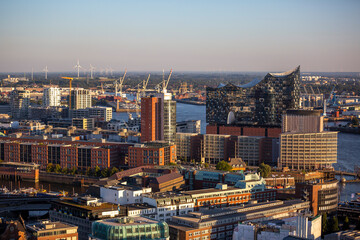 Aerial view of Elbphilharmonie and a former warehouse district in Hamburg