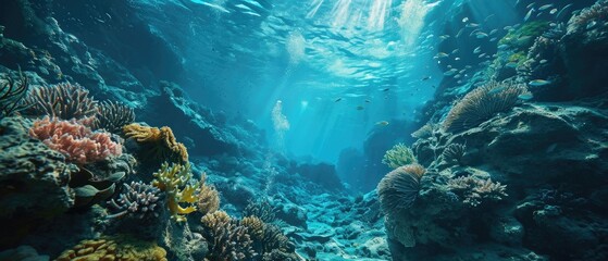 Underwater view of a vibrant sea coral reef teeming with marine life. Ocean ecosystem