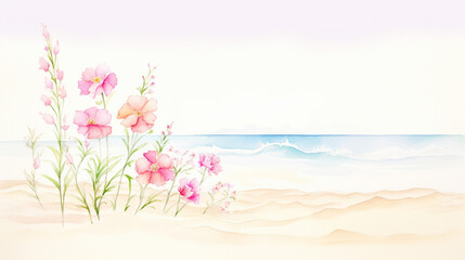 Beach and carnations, Cartoon drawing, Water color style, AI Generated