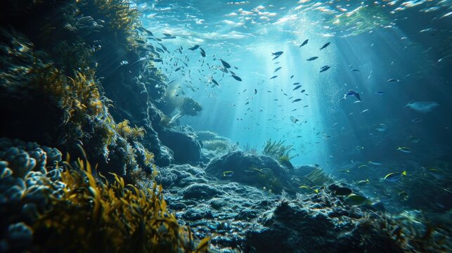 Underwater view of a vibrant sea coral reef teeming with marine life. Ocean ecosystem