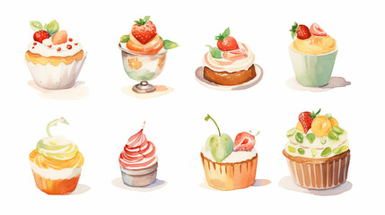 Desserts and bouquets, Cartoon drawing, Water color style, AI Generated
