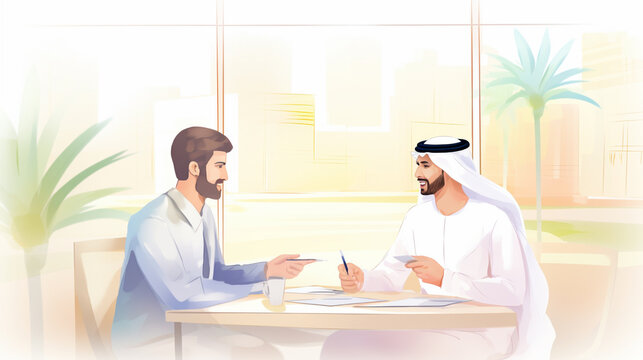 Cultural Business Environment, Office scene with Arab men in traditional headwear, AI Generated