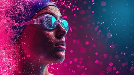 Professional swimmer woman close-up. Face in splashes of water on ultra violet background