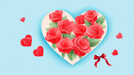 Heart-Shaped Gift Box with Red Roses, Heart-shaped gift box surrounded by red roses on a pastel blue background, AI Generated