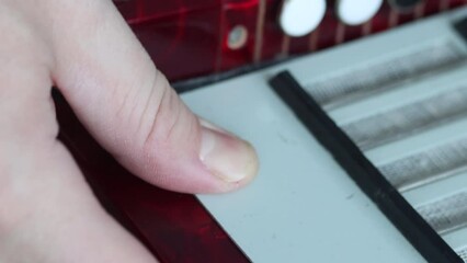 The man sets the right cover of the button accordion. It fastens it with screws with a screwdriver. Bayan repair and maintenance. Close-up.