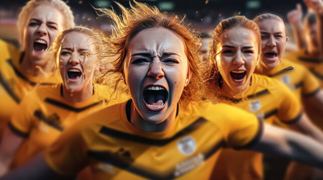 Celebrate the power of teamwork as a womens team exuberantly rejoices in victory.