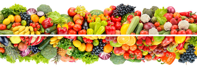 Wide composition of bright fruits, vegetables and berries isolated on white