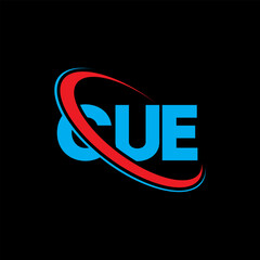 CUE logo. CUE letter. CUE letter logo design. Initials CUE logo linked with circle and uppercase monogram logo. CUE typography for technology, business and real estate brand.